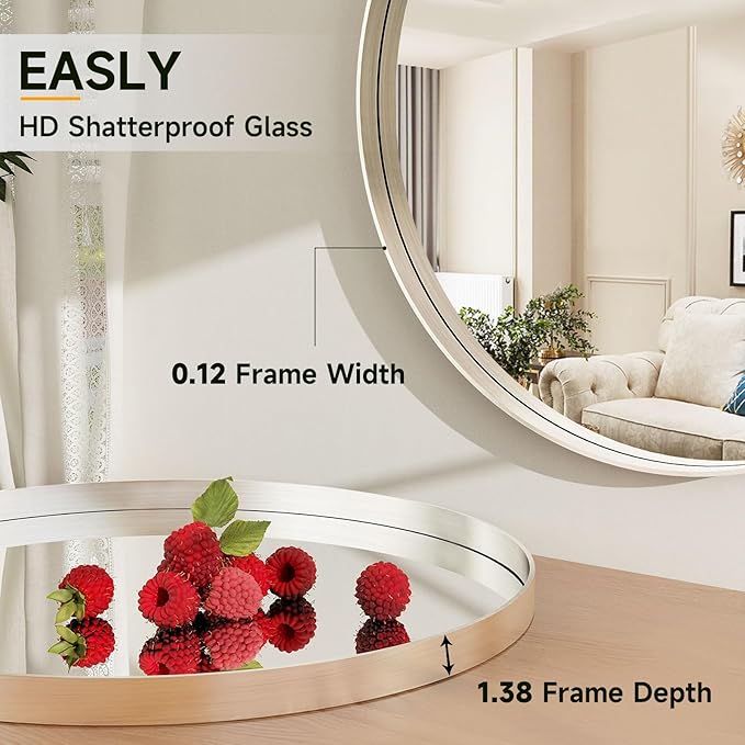 24 Inch Round Bathroom Mirror - Wall Mounted Circle Mirror with Metal Frame, Modern Mirror Suitable for Bathroom, Vanity, Entryway, Living Room, Wall Decor,Silver