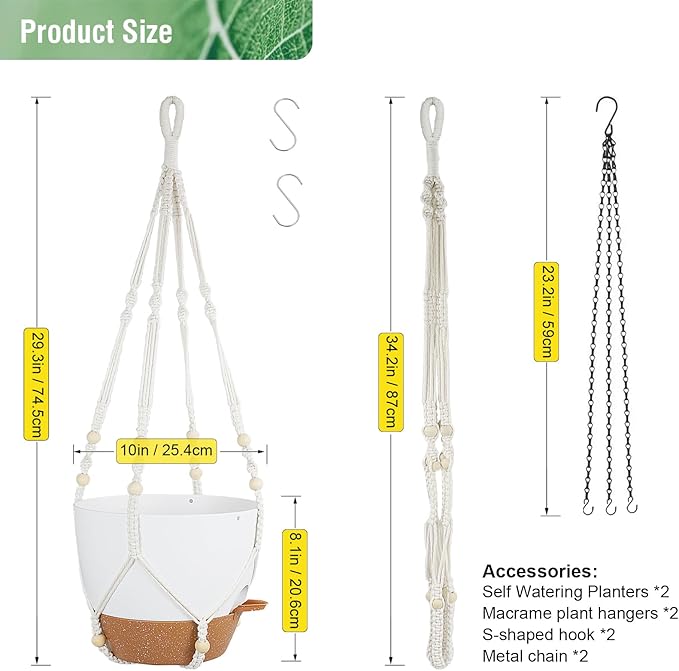 10 inch Self Watering Hanging Planters, 2 Pack Hanging Baskets for Indoor Outdoor Plants, Hanging Flower Pots with Drainage Holes & 2 Kinds of Plant Hangers for Garden Home Décor, White Brown