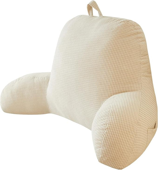 Back Pillow for Bed Sitting Up,Reading Pillow for Sitting in Bed Adult with Arm Pillow,Back Rest Pillow for Sitting in Bed with Pockets,While Gaming,Working,Watching,Standard-Ivory
