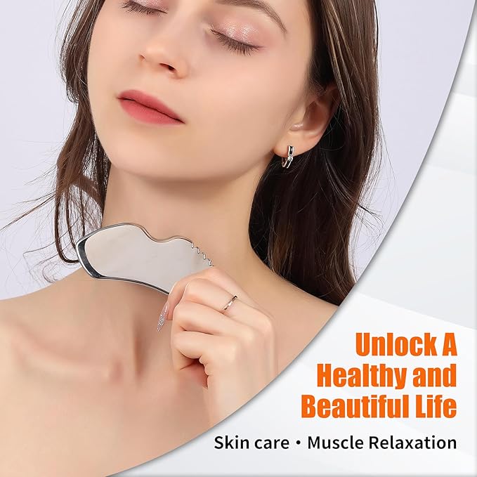 2Pcs Stainless Steel Gua Sha Facial Tools Set, Metal Face Comb Detail Skin Care Tools, Body and Face Gua Sha Sculpting for Tighten Skin Lymphatic Drainage