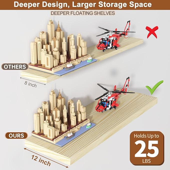 12 Inch Deep Floating Shelves for Wall 1 Pack Floating Shelves Large Storage Space Wall Mount Shelf for Living Room Kitchen Bathroom 30" W x 12" D x 1.2" H Oak