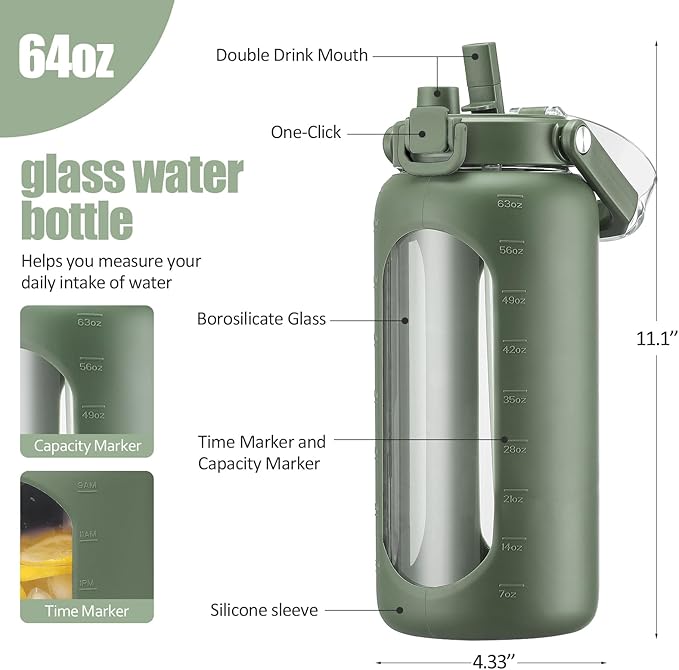 BLUEGO 64oz Glass Water Bottle with Handle and Straw, Motivational Sports Water Bottle with Time Marker and Silicone Sleeve Leakproof Drinking Bottle for Travel Gym Workout, Olive