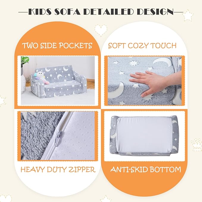 Baby Toddler Sofa Couch for Kids Extra Wide 2-in-1 Foldable Toddler Fold Out Couch Bed for Playroom, Pull Out Children Convertible Sofa to Lounger for Boys & Girls with Double Pockets, Grey Moon