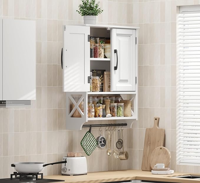 Bathroom Cabinet Wall Mounted, White Bathroom Wall Cabinets with Towel Bar and 2 Doors, Wooden Medicine Cabinet with Adjustable Shelf, Open Storage