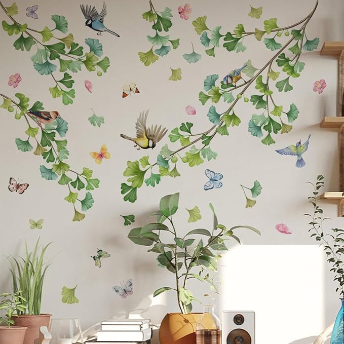 Butterfly, Bird, Decal, Green Leaf Wall Sticker, Ivy Vine Plant Wall Sticker, Living Room, Bedroom, Sofa, TV Background Wall Decoration