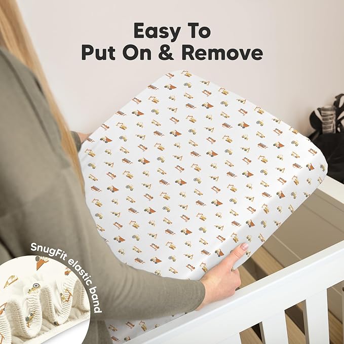 2-Pack Mini Crib Sheets Fitted, Pack and Play Sheets - Organic Cotton Pack N Play Sheets for Pack and Play Mattress, Playard Baby Crib Sheets, Jersey Crib Sheets Neutral for Boys, Girls (Construction)