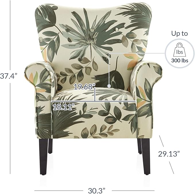 BELLEZE Modern Accent Chair for Living Room, High Back Floral Armchair with Wooden Legs, Upholstered Wingback Side Chair Padded Armrest Single Sofa for Living Room, Bedroom - Allston (Green Floral)