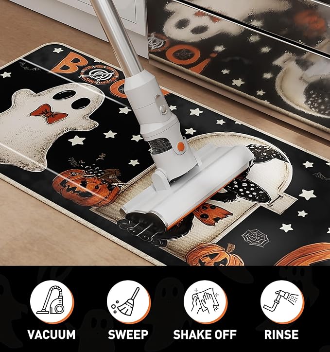 Halloween Kitchen Mat Set of 2, Pumpkin Ghosts Boo Cat Halloween Decor, Halloween Rug for Floor, Indoor Home Decor with Non-Slip Backing,17 x 29 Inch & 17 x 47 Inch