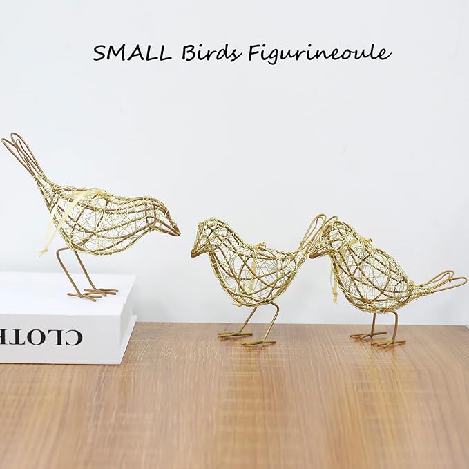 Artisan Handmade Gold-Wire Woven Bird Statues Trio Table Decor- Modern Farmhouse Shelf Decor with Hanging Chain, Multi-Pose Metal Bird Figurines for Home Office & Holiday Display