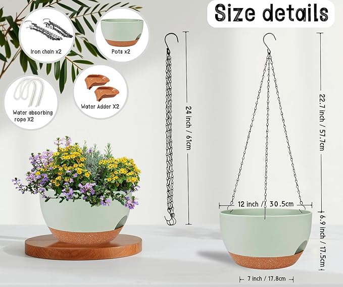 2 Pack 12 Inch Large Hanging Planters with Chains Self Watering Green Brown Plastic Hanging Pots for Indoor Outdoor Plants, Garden Porch Home Decor，Green Brown