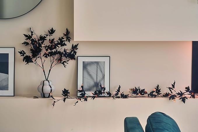 Birchlitland Halloween Black Maple Garland with Lights Timer 48 LED Orange and Warm White Fairy Lights, Battery Operated for Indoor and Outdoor Halloween Party Decoration