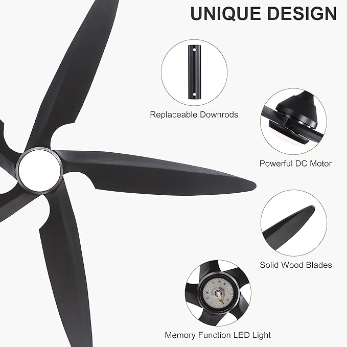 54 Inch Modern Ceiling Fan with Lights and Remote, 5 Wood Blades, 6-Speed Noiseless Reversible DC Motor with Replaceable Downrods for Bedroom Living Room Dining Room, Black