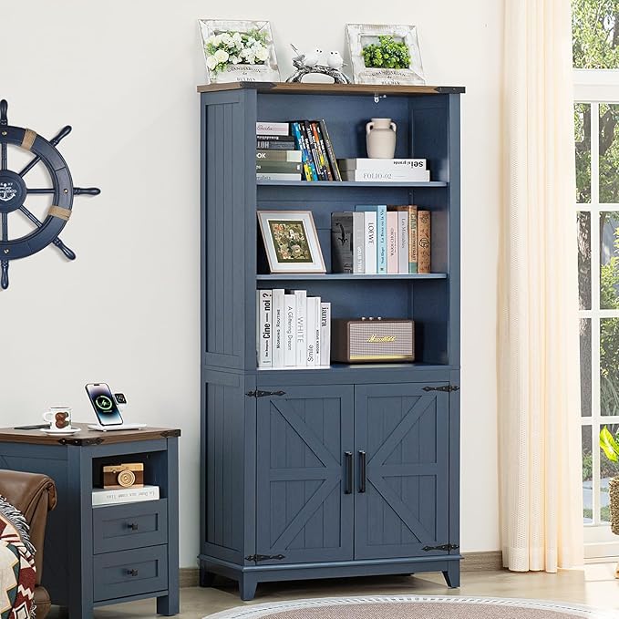 70in Tall Bookshelf 5 Tier Bookcase with Barn Doors and Adjustable Shelves, Blue Farmhouse Book Shelf with Storage Cabinet, Wood Freestanding Display Bookshelves for Bedroom, Living Room