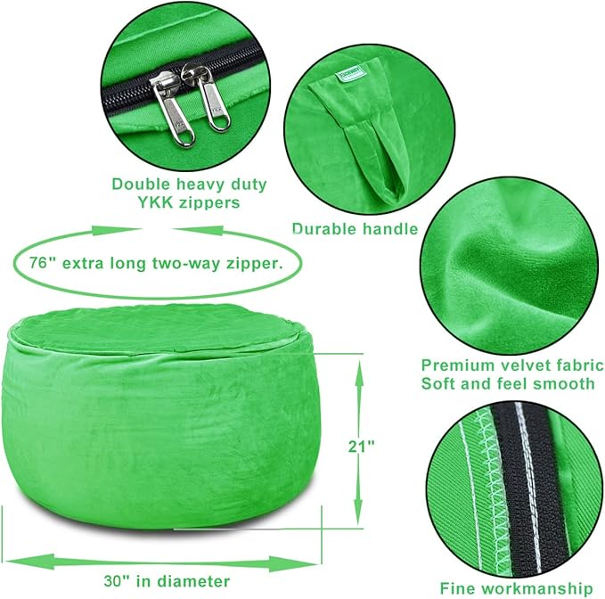 Bean Bag Chair Cover, Stuffed Animal Storage, Plush Toys Organizer Holder, Beanbag Chairs Cover for Kids Teans and Adults Super Soft and Comfortable Fabric X-Large with Handle and Zipper -Round Green