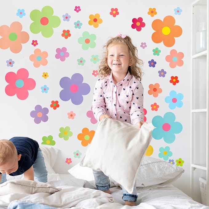 63pcs Cute Flowers Wall Sticker PVC Colorful Y2k Floral Wall Decor Vinyl Peel and Stick Flowers Stickers for Teen Girls Boy Kids Nursery Bedroom Kindergarten(9 Sheets, Bright Colors)