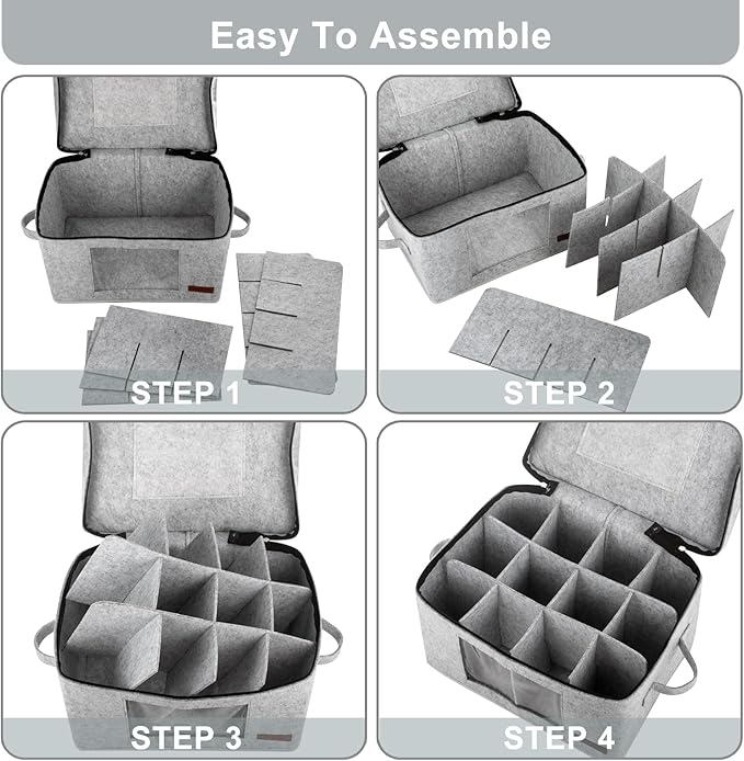 2 Pack Wine Glass Storage Box with Dividers, Stemware Storage Containers for Packing and Moving, China Storage Containers Box for 12 Crystal Glassware, Wine Glasses, Drinkware,Light Gray