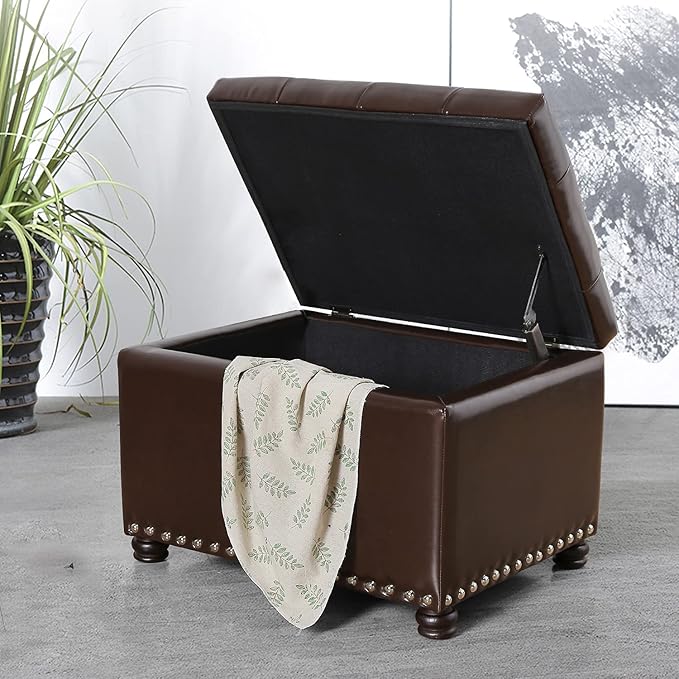 24'' Leather Storage Ottoman Rectangular Foot Rest Stool with Nailhead Trim for Bedroom Living Room(Dark Brown)