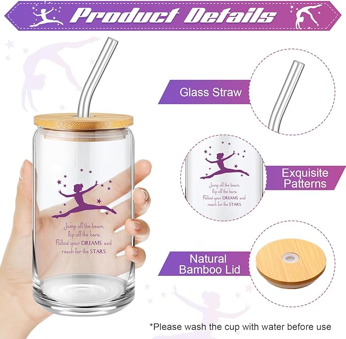 4 Pcs Gymnastics Gifts Gymnastics Glass Cup 16oz Inspirational Gymnastics Water Bottles Makeup Bag Bracelet Elastic Scrunchies for Girls Gymnastics Lovers Back to School