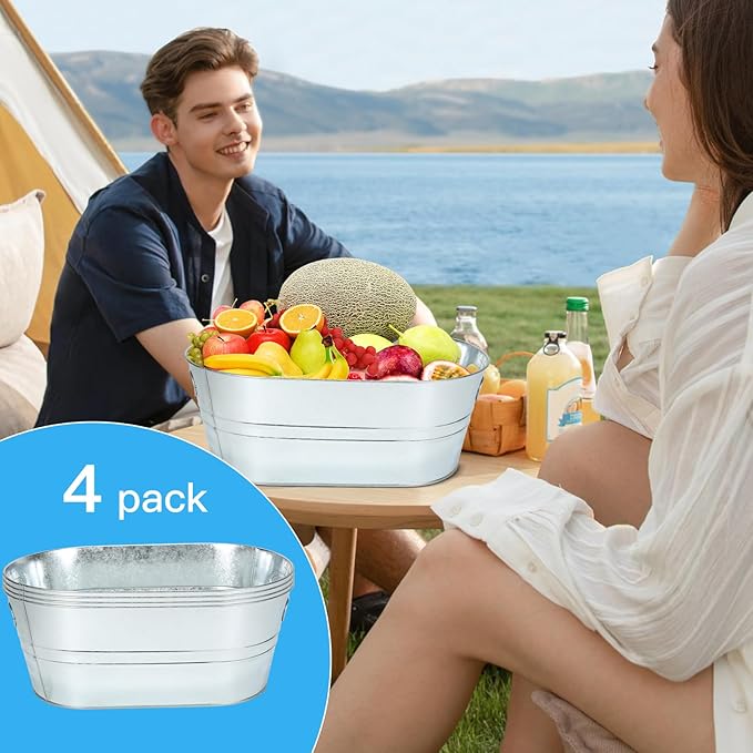 4PCS 3 Gallon Galvanized Tub, Beverage Tub, Ice Buckets for Parties With Carry Handles, Drink Buckets for Parties, Beverage Tubs for Parties, Mimosa Bar Supplies
