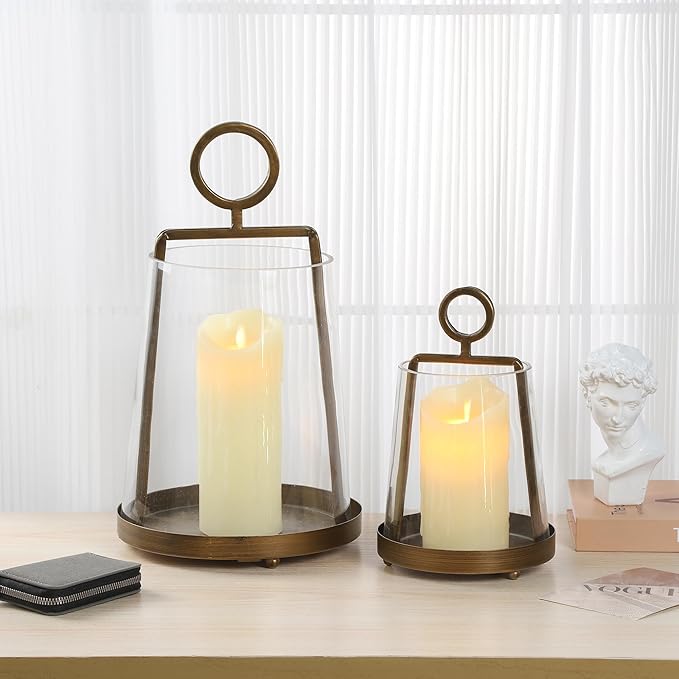 6" Wide Modern Farmhouse Metal Hurricane Candle Holder with Handmade Sturdy Glass Sleeve in Antique Brass for Pillar Candle & Plants, Hurricane Lantern, Industrial, Minimalistic (1, Brass, 6"x10")