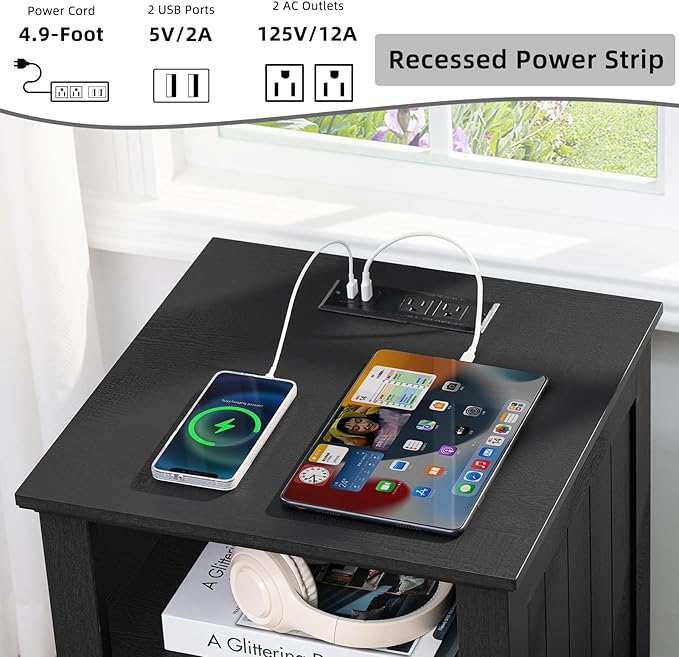 18" Night Stands Set of 2 with Charging Station, Farmhouse 2 Drawers End Table Dresser for Bedroom, Black Wooden Nightstand, Bed Side Table with Open Shelf, Bedside Cabinet for Living Room