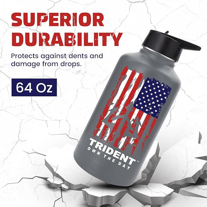American Flag 64 oz Water Bottle, Reusable Water Bottle with Straw, Leak Proof Water Bottles, 64oz Insulated Water Bottle, Thermos Water Bottle - Retired Navy Combat Vet Small Business (Gray, 64 Oz)