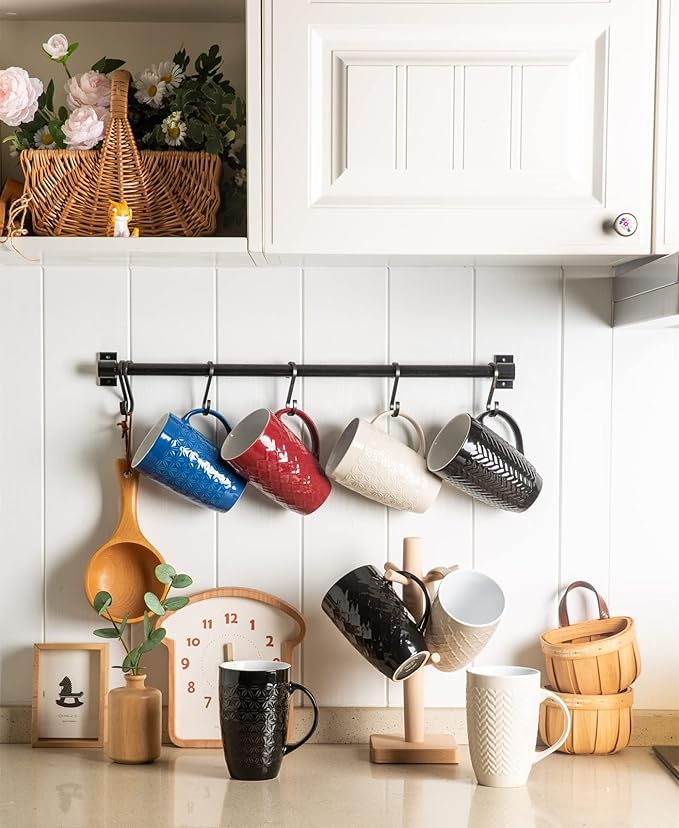 AmorArc Extra Large Coffee Mugs Set of 6, 20oz Ceramic Tall Coffee Mugs with Textured Geometric Patterns for Latte/Tea/Beer/Hot Cocoa, Dishwasher & Microwave Safe, Burgundy