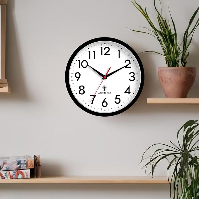Atomic Wall Clock Analog 12 Inch Battery Operated Modern Decorative for Living Room Kitchen Office Bedroom Bathroom(Black)
