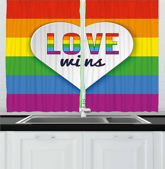 Ambesonne Pride Kitchen Curtains, Rainbow Flag with Stripes Heart with Love Wins Text LGBT Culture Colorful, Window Drapes 2 Panel Set for Kitchen Cafe Decor, 55" x 30", Purple Blue