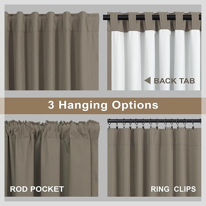 Back Tab Blackout Long Curtains for Living Room Darkening Light Blocking Brown Linen Drape 108 Inch Length 2 Panels Earth Tone Thermal Insulated Noise Reducing Heat Large Window Curtain 9ft Extra Long