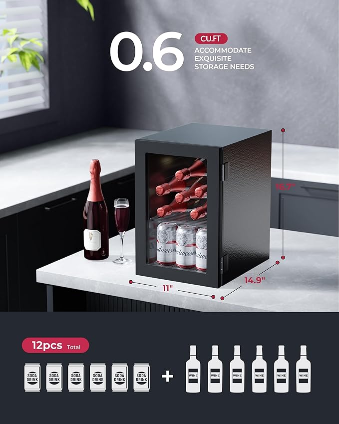 6 Bottles and 6 Cans Compact Beverage Refrigerator, Freestanding Mini Fridge with Temperature Control for Beer Wine, Under Counter Small Refrigerator Adjustable Shelve & Glass Door for Home and Bar