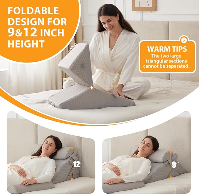4PCS Orthopedic Bed Wedge Pillow Set for Sleeping, Wedge Pillow for Back Pain Relief, 10-in-1 Adjustable Bed Wedge Pillow Post Surgery, Triangle Pillow for Acid Reflux Snoring Gerd, Grey