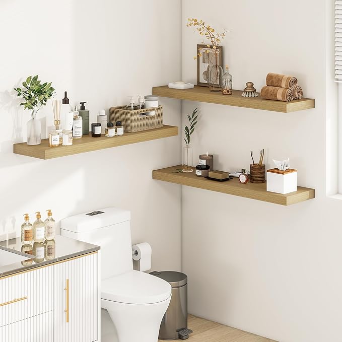 12 Inch Deep Floating Shelves 36 inch Long, 36 x 12 Wide Wall Shelves with Invisible Brackets, Heavy Duty Shelf for Bedroom Bathroom Living Room Kitchen Office Home Decor, Modern Shelf Set of 2, Oak