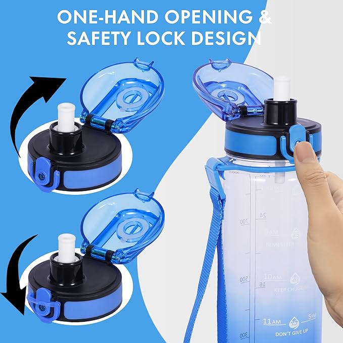 32 oz Water Bottle with Detachable Straw, Clear Motivational Water Bottles with Time to Drink, Tritan & BPA Free Sports Water Jug with Time Marker, Upgraded handle design