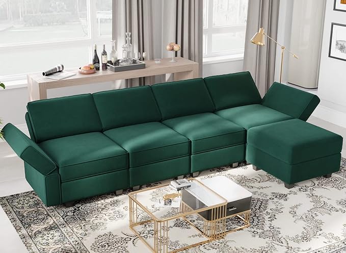 Belffin Modular Sectional Sofa Couch with Reversible Chaise - Velvet L Shaped Couch with Storage, 4-seat Convertible Green.…