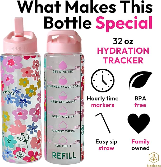 Biddlebee 32oz. Hydration Tracker Water Bottles with Times To Drink | Big Motivational Water Bottle with Time Marker, Straw Lid, & Measurements | BPA-Free