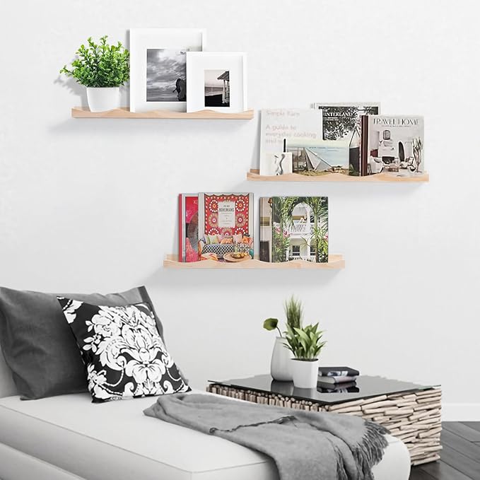 AZSKY Nursery Book Shelves for Kids, Picture Ledge Shelf for Wall Decor and Storage, Floating Photo Shelves with Lip for Picture Frames (Natural Wood, 23.6 Inches Set 3)