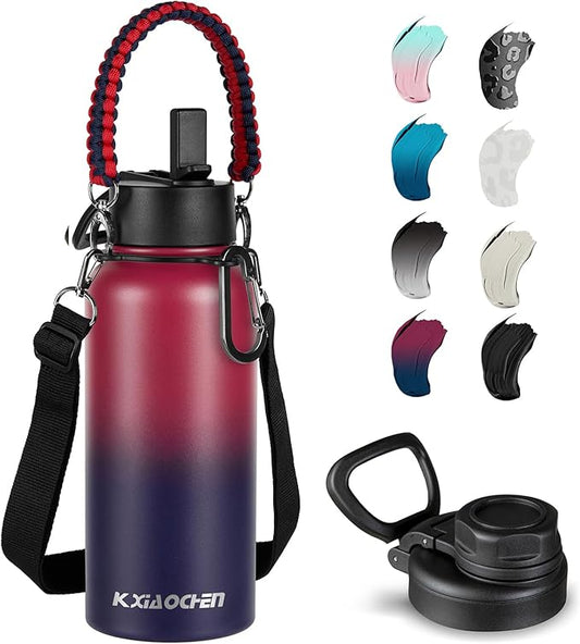 32 oz Insulated Water Bottle with Paracord Handles & Strap, 2 Lids(Straw Lid&Spout Lid), Stainless Steel Reusable Wide Mouth Metal Water Bottle With Straw, Double Walled, Thermo Mug(Dark Rainbow)