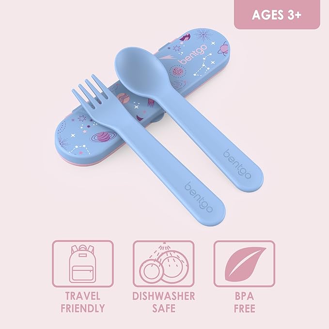 Bentgo® Kids Utensil Set - Reusable Plastic Fork, Spoon & Storage Case - BPA-Free Materials, Easy-Grip Handles, Dishwasher Safe - Ideal for School Lunch, Travel, & Outdoors (Lavender Galaxy)