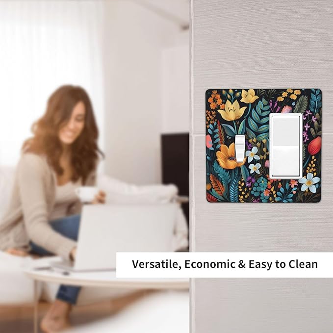 Boho Floral Vintage Flower Leaves Rustic Wildflower Plants 2 Gang Single Toggle Rocker Combination Light Switch Covers Wall Plate Cover Electrical Faceplate Decorative Switchplate for Country Bedroom