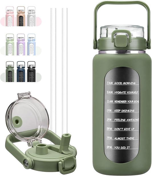 BLUEGO 64oz Insulated Water Bottle with Straw and Handle Leakproof Half Gallon Wide Mouth Motivational Water Bottle, 2-IN-1 Straw Spout Lid Stainless Steel Water Jug for Sport Travel Gym-Oliver