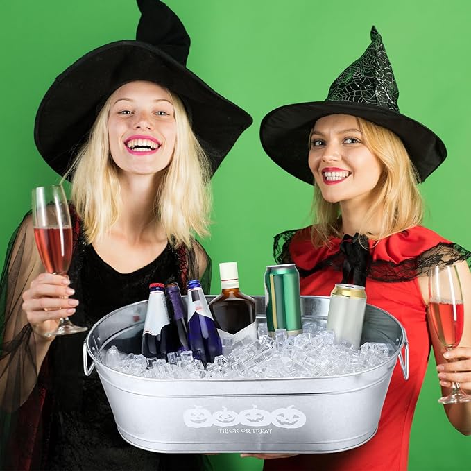 2 Pcs Halloween Pumpkin 5.5 Gallons Galvanized Beverage Stainless Steel Ice Buckets Tubs with Handles, Large Drink Wine Cooler Bins for Parties Farmhouse Garden Bar Christmas(Trick or Treat)