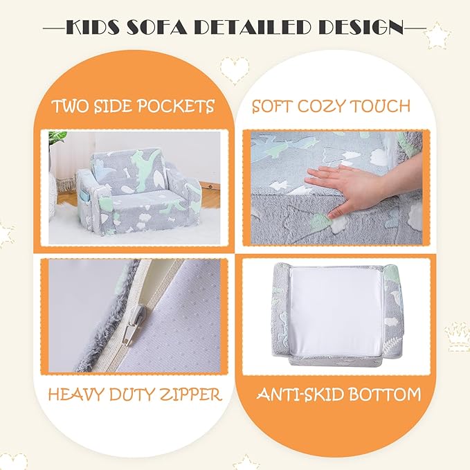 Baby Toddler Sofa Couch for Kids Foldable 2-in-1 Toddler Fold Out Couch Bed for Playroom Pull Out Children Convertible Sofa to Lounger Sleeper Chair for Boys & Girls with Side Pockets, Dinosaur