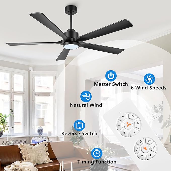 52" Modern Ceiling Fan with Light and Remote Control, 5 Solid Wood Blades 6-Speed Noiseless Reversible DC Motor, Ceiling Fan for Bedroom Dinning Living Room, Black
