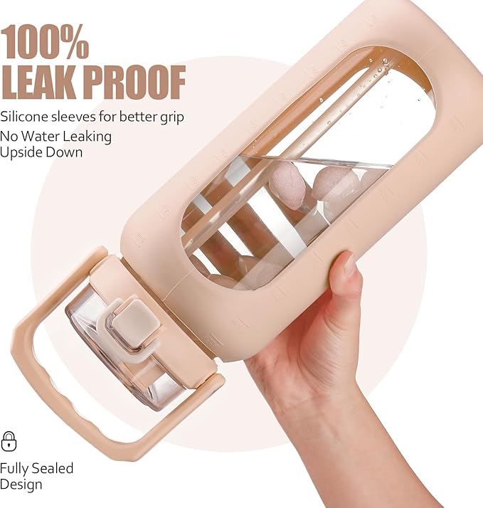 BLUEGO 64oz Glass Water Bottle with Handle and Straw, Motivational Sports Water Bottle with Time Marker and Silicone Sleeve Leakproof Drinking Bottle for Travel Gym Workout, Amber