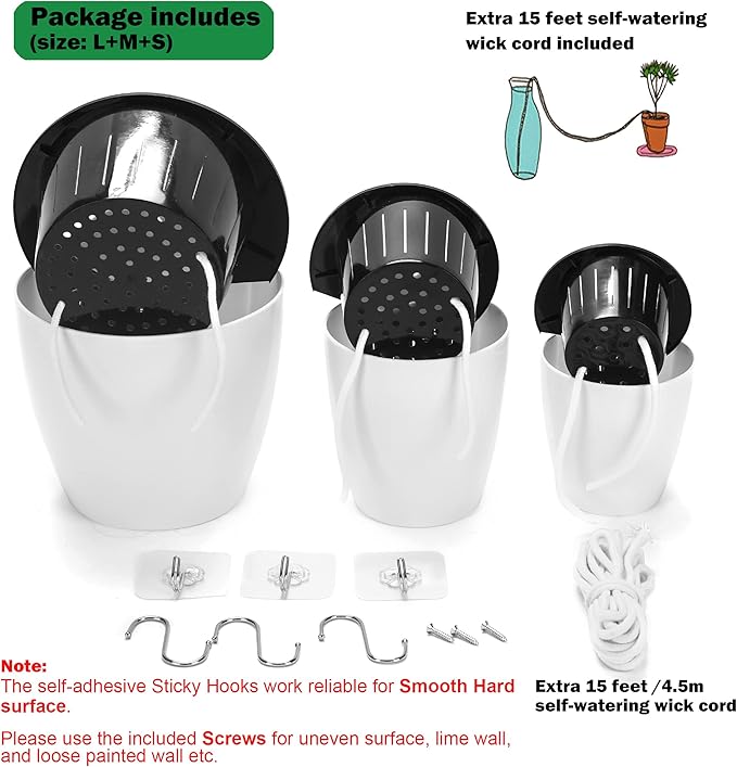 3 Pack Self Watering Wall Hanging Planter Pots Vertical Garden Window Hang Mount Indoor Outdoor Plant Flower Basket for Kitchen Herbs Balcony Railing Shelf Fence Bedroom Trellis Decor Modern White Box