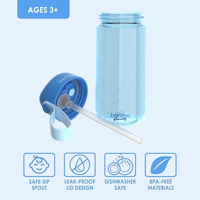 Bentgo Kids Water Bottle - Leak-Proof, Durable Tritan™, BPA-Free 15 oz. Cup for Kids/Toddlers Ages 3+ - Flip-Up Straw & Dishwasher Safe for School, Sports, Daycare & Camp (Blue)