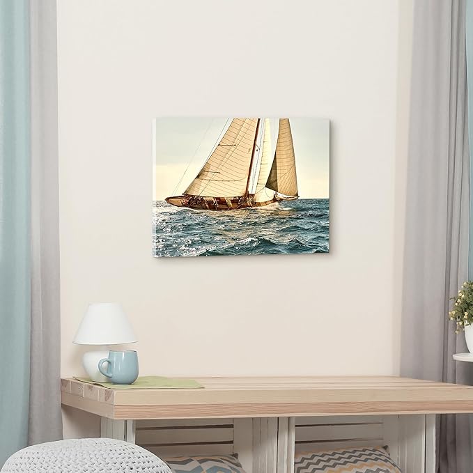 ARTISTIC PATH Nautical Sailboat Canvas Wall Art - Coastal Ocean Artwork Seascape Sailing Prints Wave Boat Picture Sunset Marine Ship Painting for Bedroom