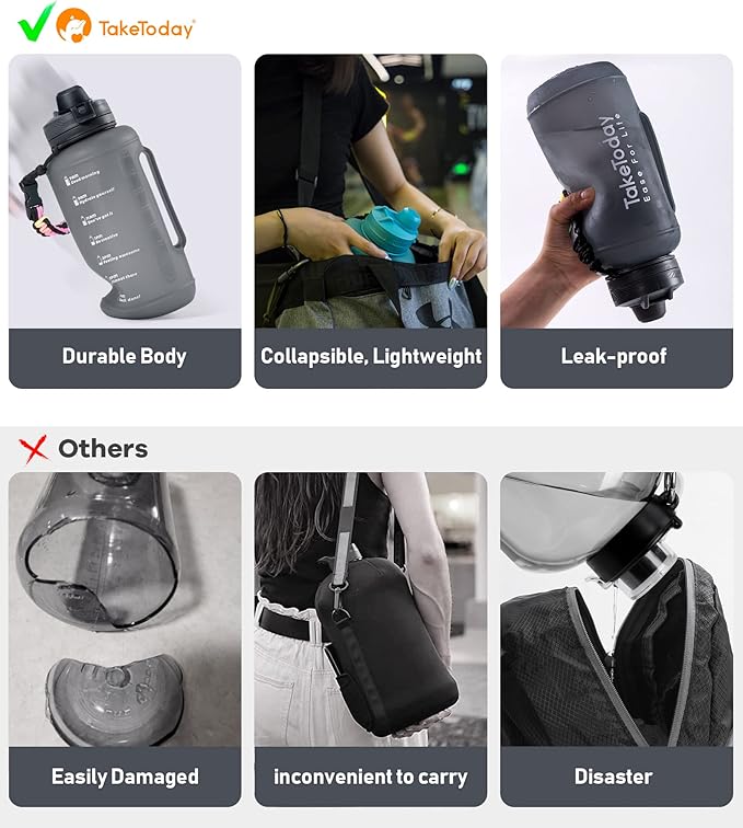 68 oz Collapsible Water Bottles With Straw, Half Gallon Water Bottle With Motivational Time Marker, Large Reusable Silicone Water Jug With Paracord Handle For Sports, Outdoors (White)