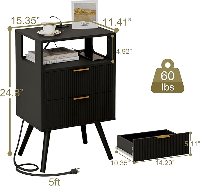 Black Nightstand with Charging Station and LED Lights,Modern Bedside Table with 2 Storage Drawer and Open Wood Shelf, for Bedroom and Small Spaces,Night Stand with Solid Wood Legs,Black